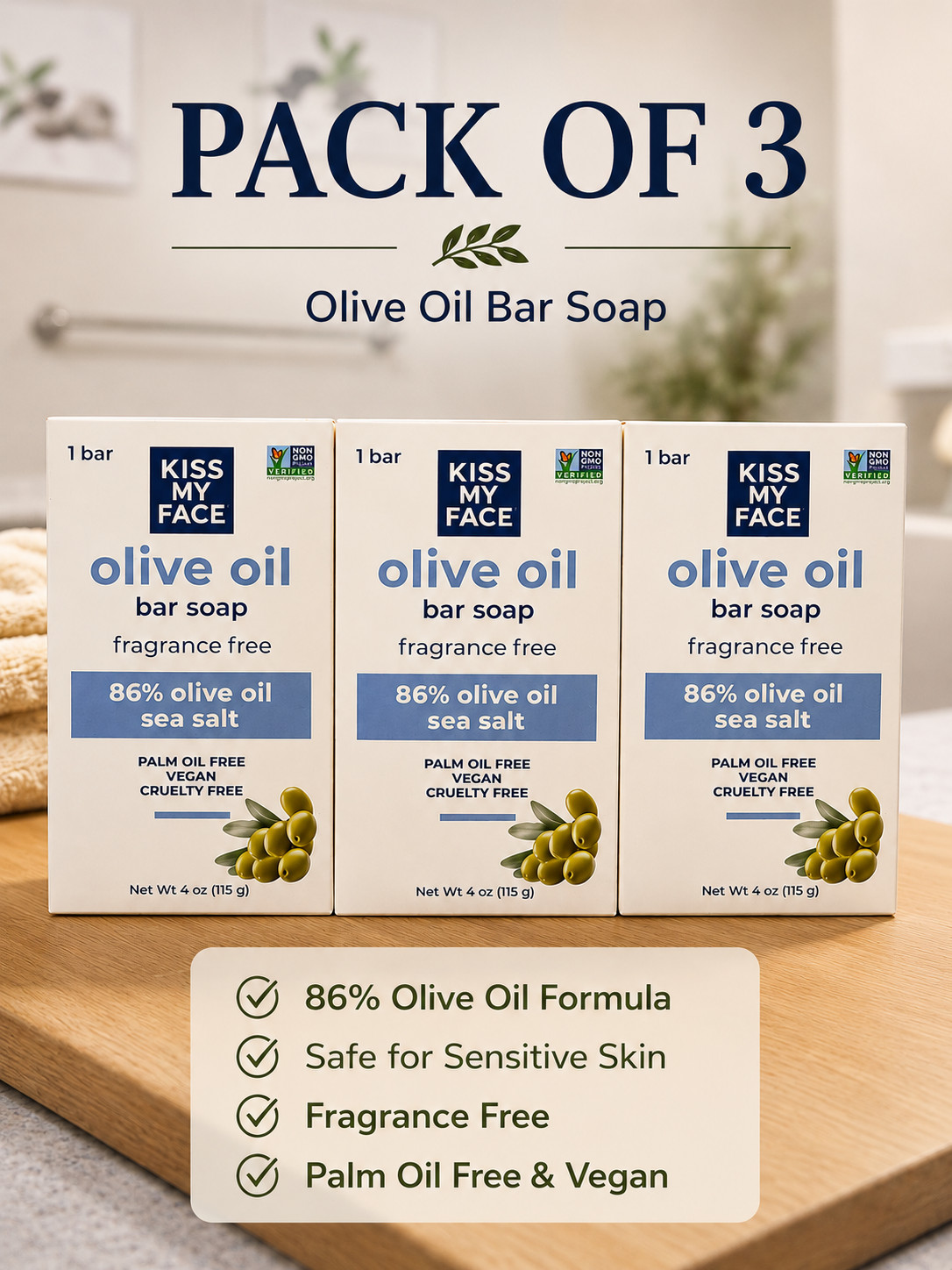 Olive Oil Bar Soap 3 Pack 4 oz Fragrance Free Vegan Soap Kiss My Face
