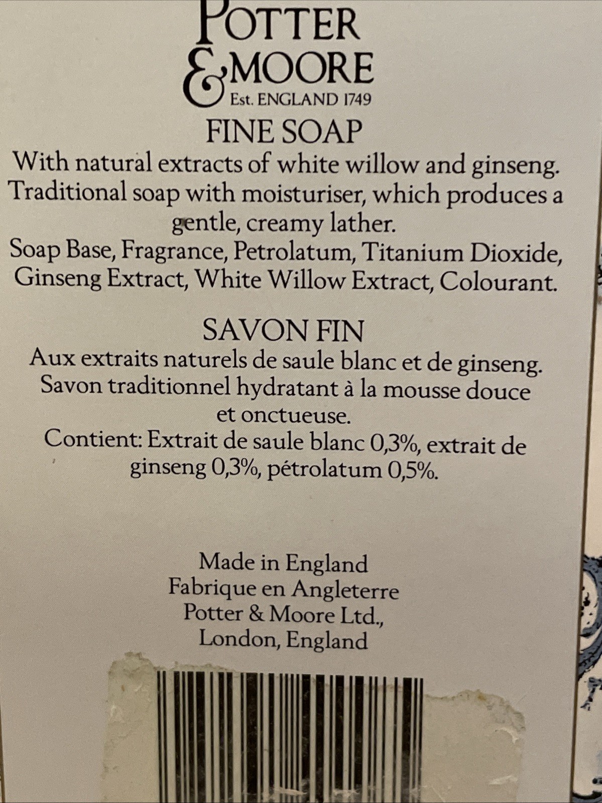 Potter & Moore China Blue Fine Soap 3 Bars Made in England White Willow Ginseng
