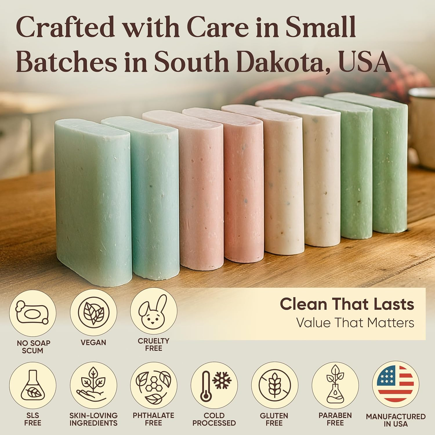 Soap Value Pack 8 Easy-To-Grip Hydrating Bars 5 Oz Each 2.5 Lb Cold-Process USA