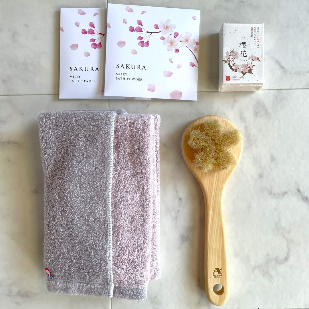 Sakura bath set with Imabari towel, body brush, sakura soap and bath salt