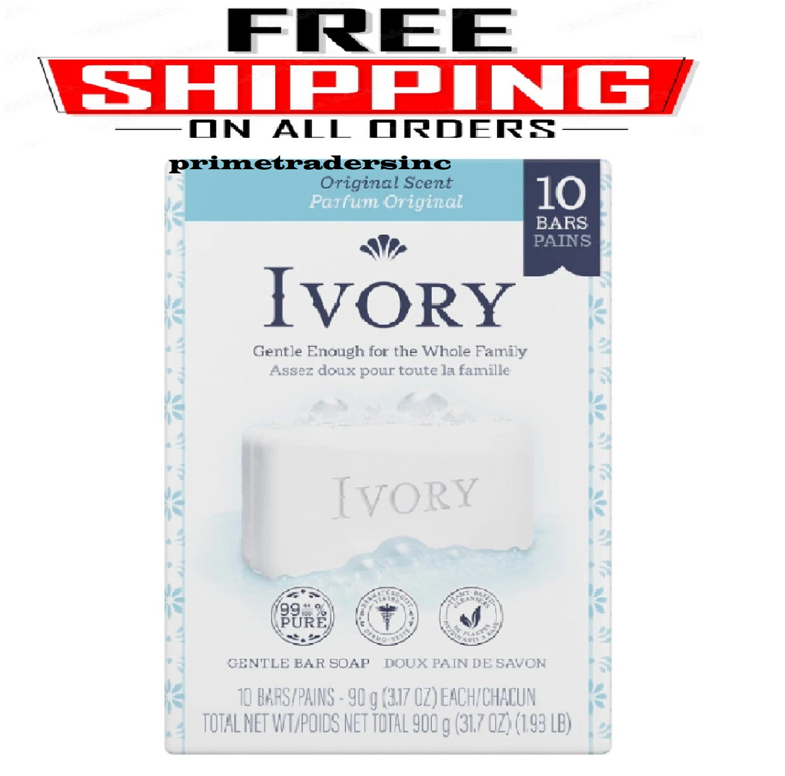 Ivory Gentle Bath Bar Soap 10 Pack 3.17Oz Original Scent Pure Plant-Based.