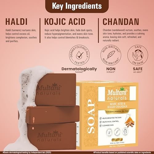 Multani Kojic Acid 1% Haldi Chandan Soap 125g Pack of 3 Glow Bars FS