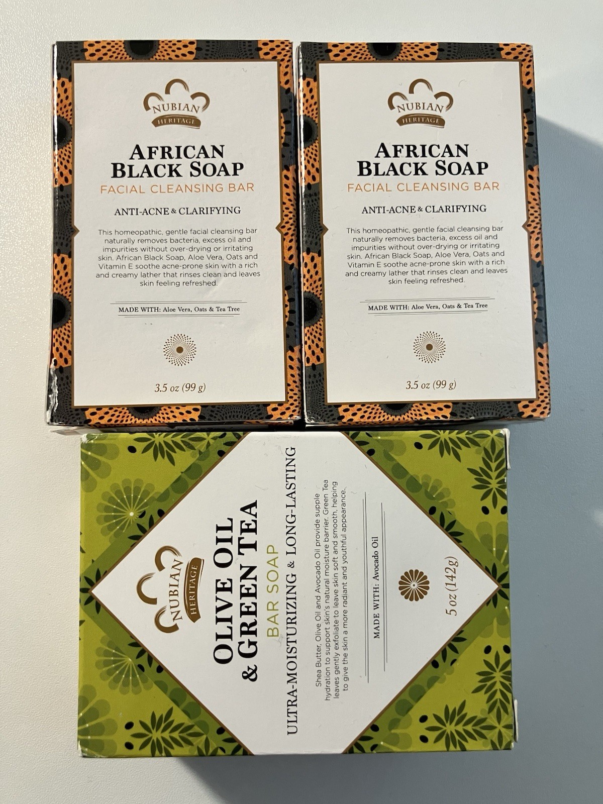 Nubian African Black Soap (acne) 3.5 Oz, 2 Bars + Olive Oil Green Tea 1 Bar