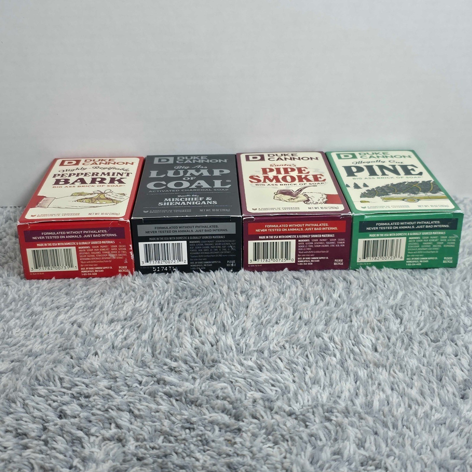 4 Boxes Duke Cannon Peppermint Bark, Lump of Coal, Pipe Smoke, Pine – 10 oz bars