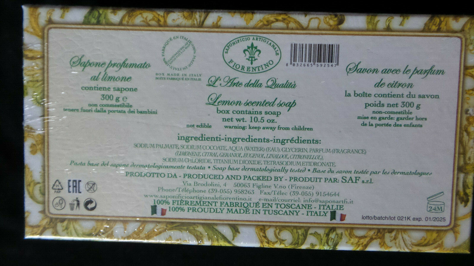 Lemon Scent Soap Bar La Saponeria Firenze Made Italy Tuscany 10.5 oz New in Box