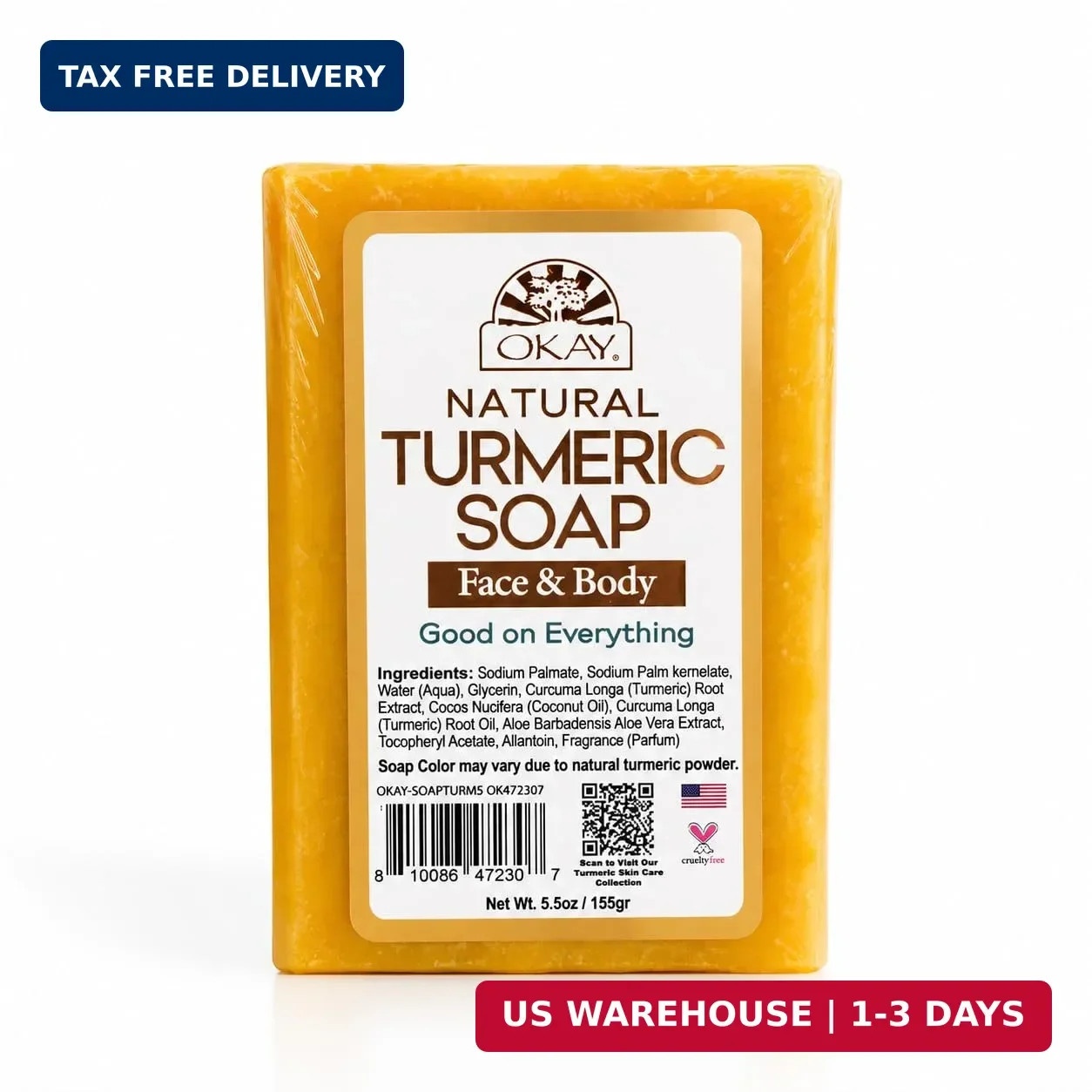 OKAY Turmeric Soap Bar 5.5 oz – Brightening Facial & Body Cleansing Bar for Even