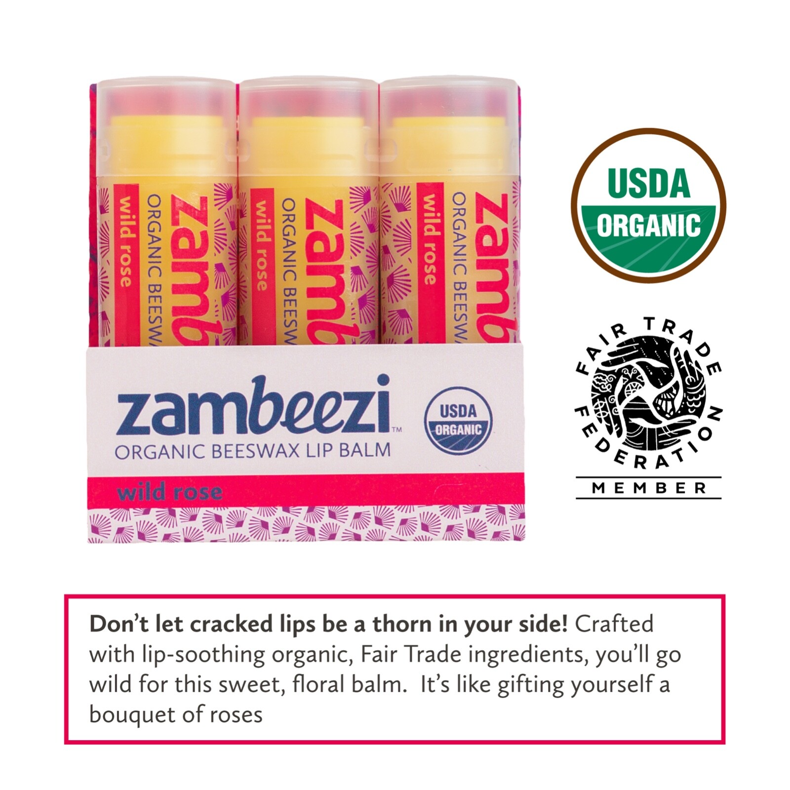 3 pack Zambeezi Organic Fairtrade Beeswax Lip Balm from Zambia Africa Wild Rose