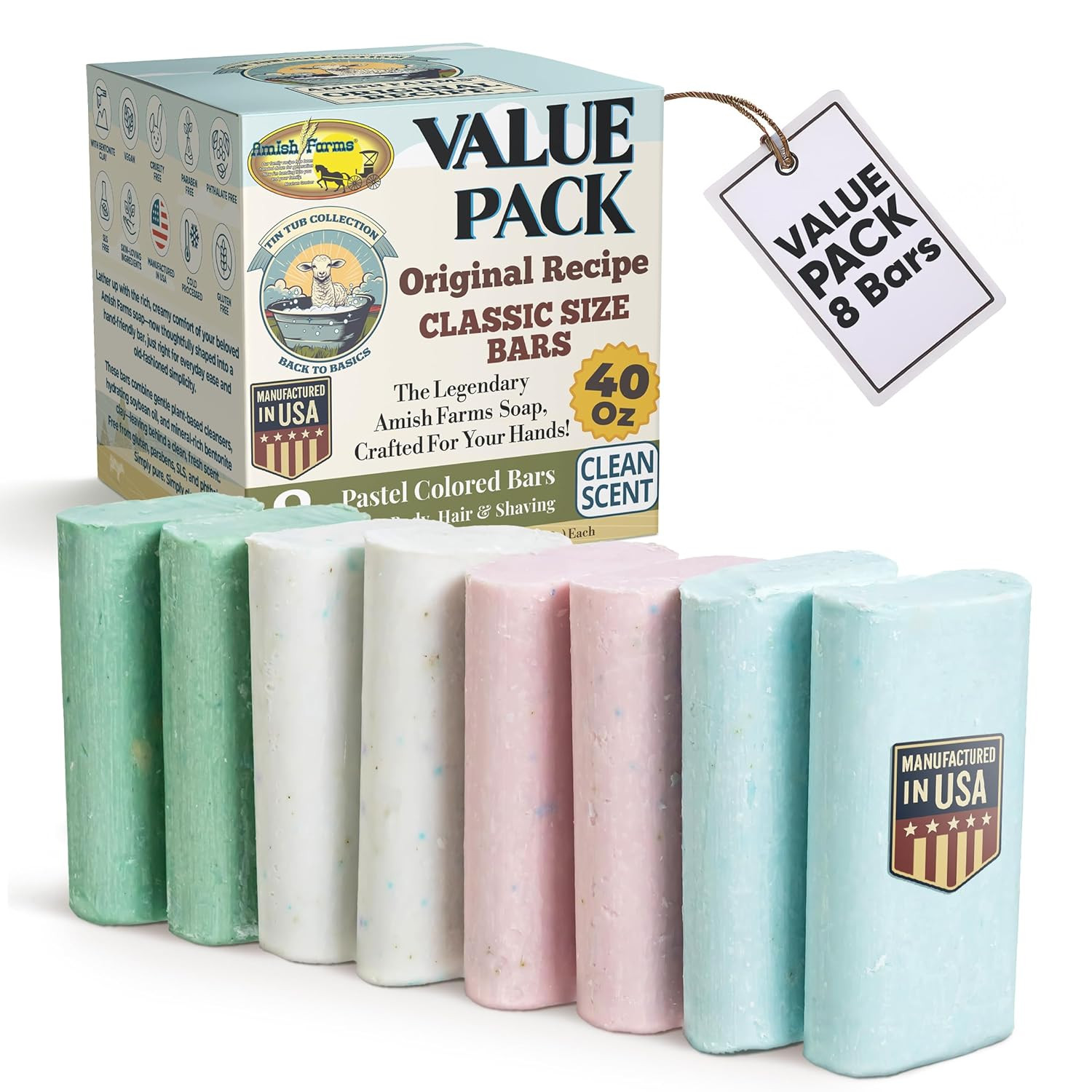 Soap Value Pack 8 Easy-To-Grip Hydrating Bars 5 Oz Each 2.5 Lb Cold-Process USA