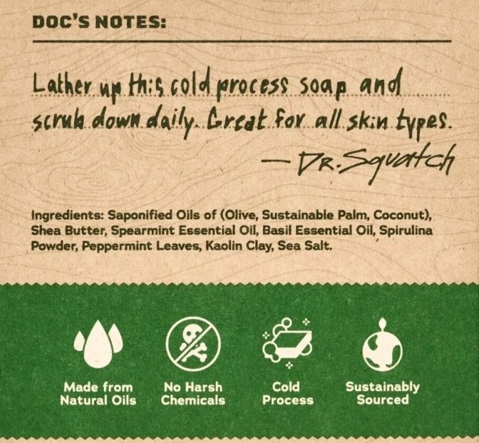 Dr Squatch Men’s Natural Soap Spearmint Basil 5oz Bar Zero Grit