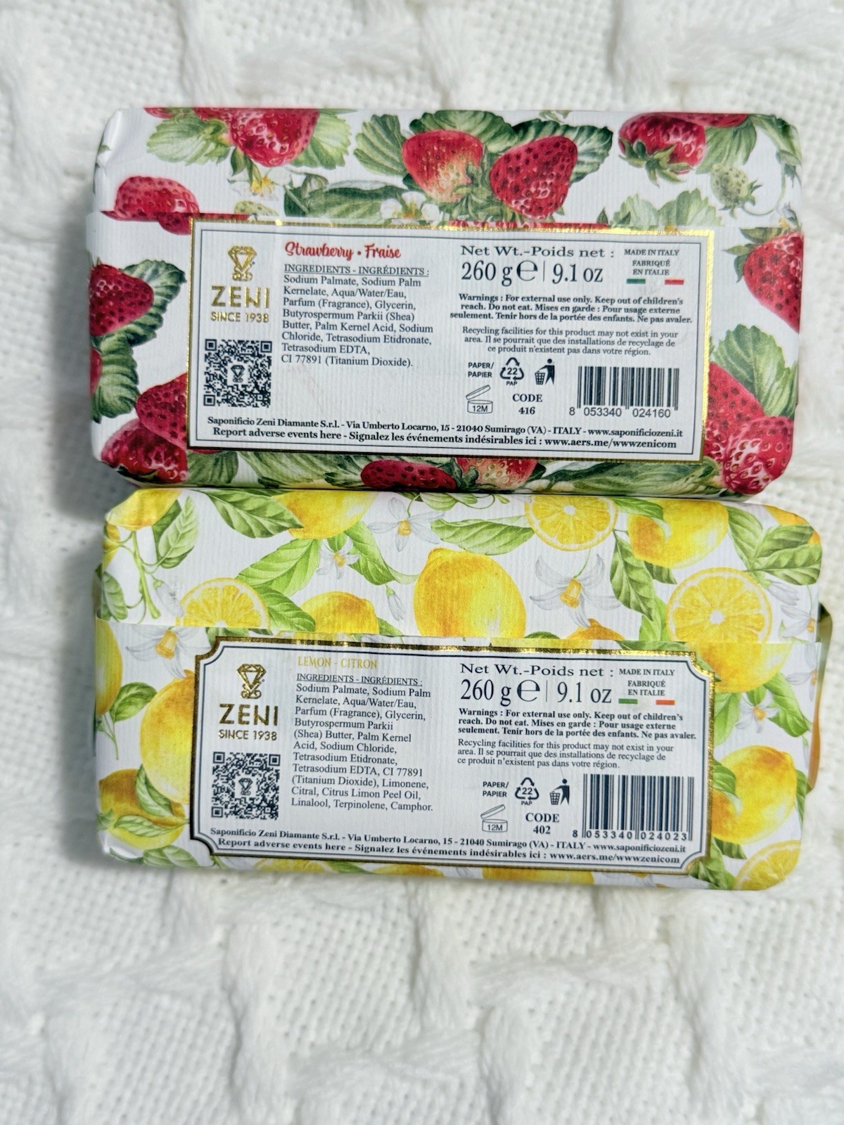 2 pcs ZENI Scent :Strawberry & Lemon Fine Triple Milled ITALIAN Soap Bar 9.1 Oz