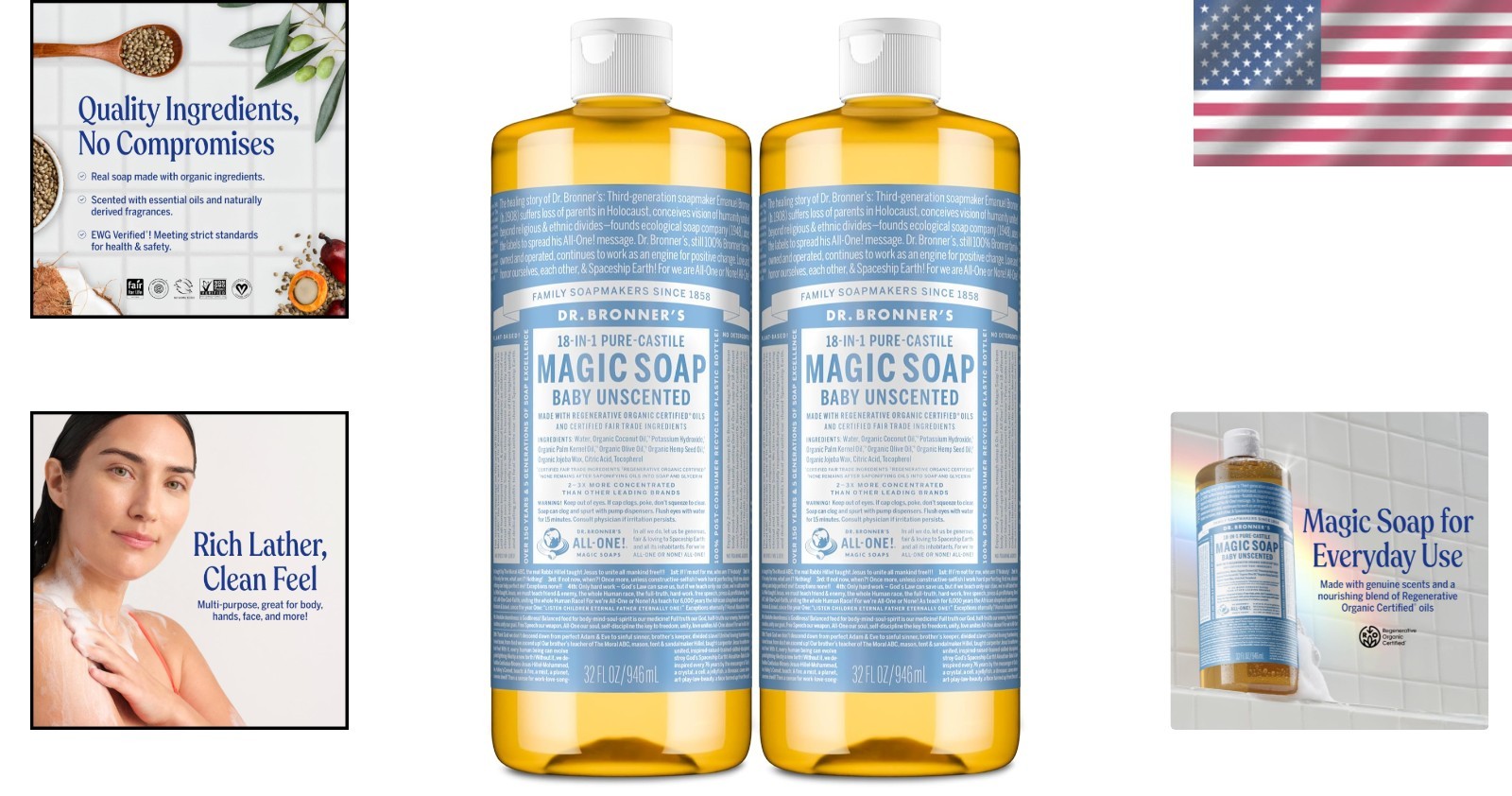 Dr. Bronner’s Multi-Purpose Unscented Soap, 32oz 2-Pack – Biodegradable &