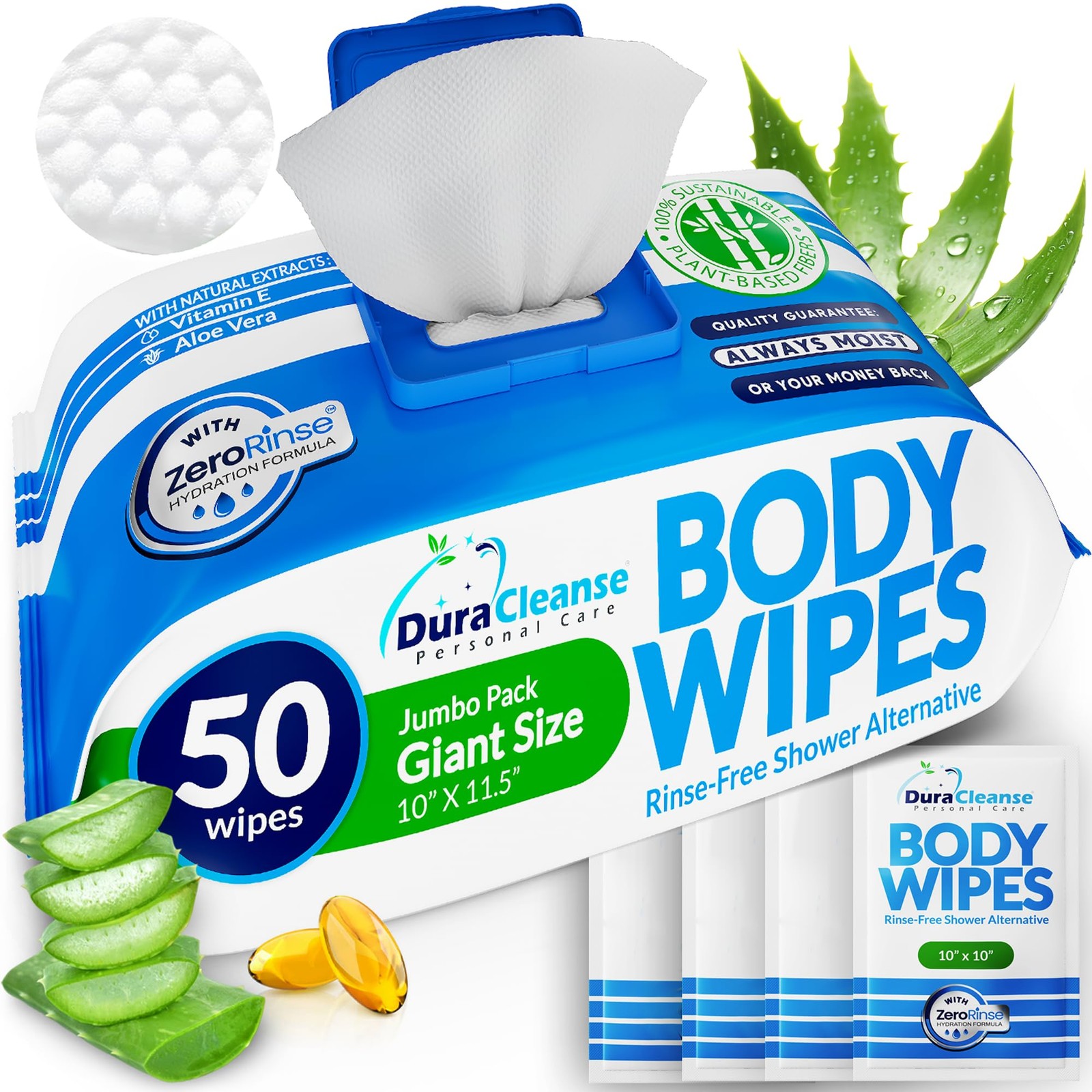 Body Wipes No Rinse Disposable for Adults 50 Ct + 4 Travel 10 x 11.5″