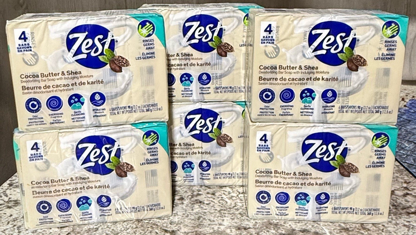 Lot Of 6 Zest Cocoa Butter & Shea Bar Soap, for All Skin Types 24 Bars Total