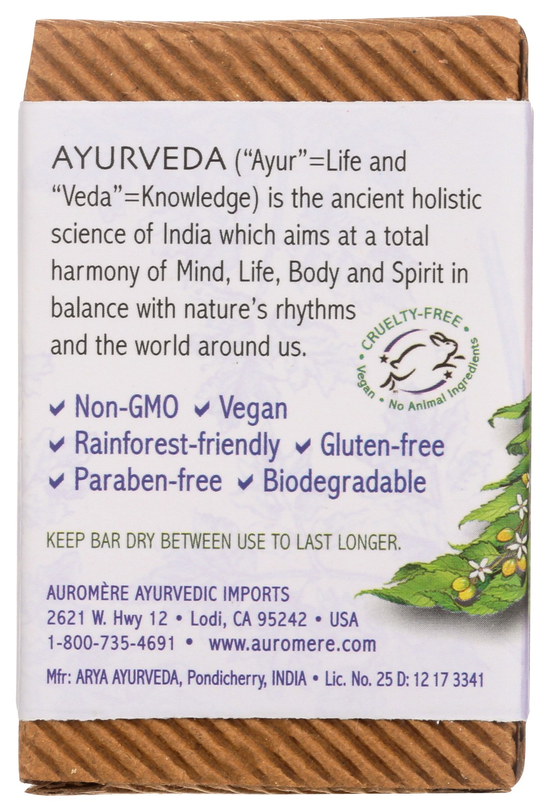 Auromere Lavender Neem Ayurvedic Bar Soap 2.75 Oz 1 Pack