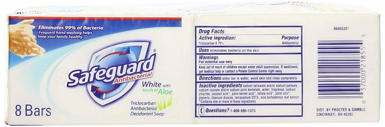 Safeguard White Antibacterial Bar Soap with A Touch Of Aloe Vera 4 Oz 8 Bar Soap