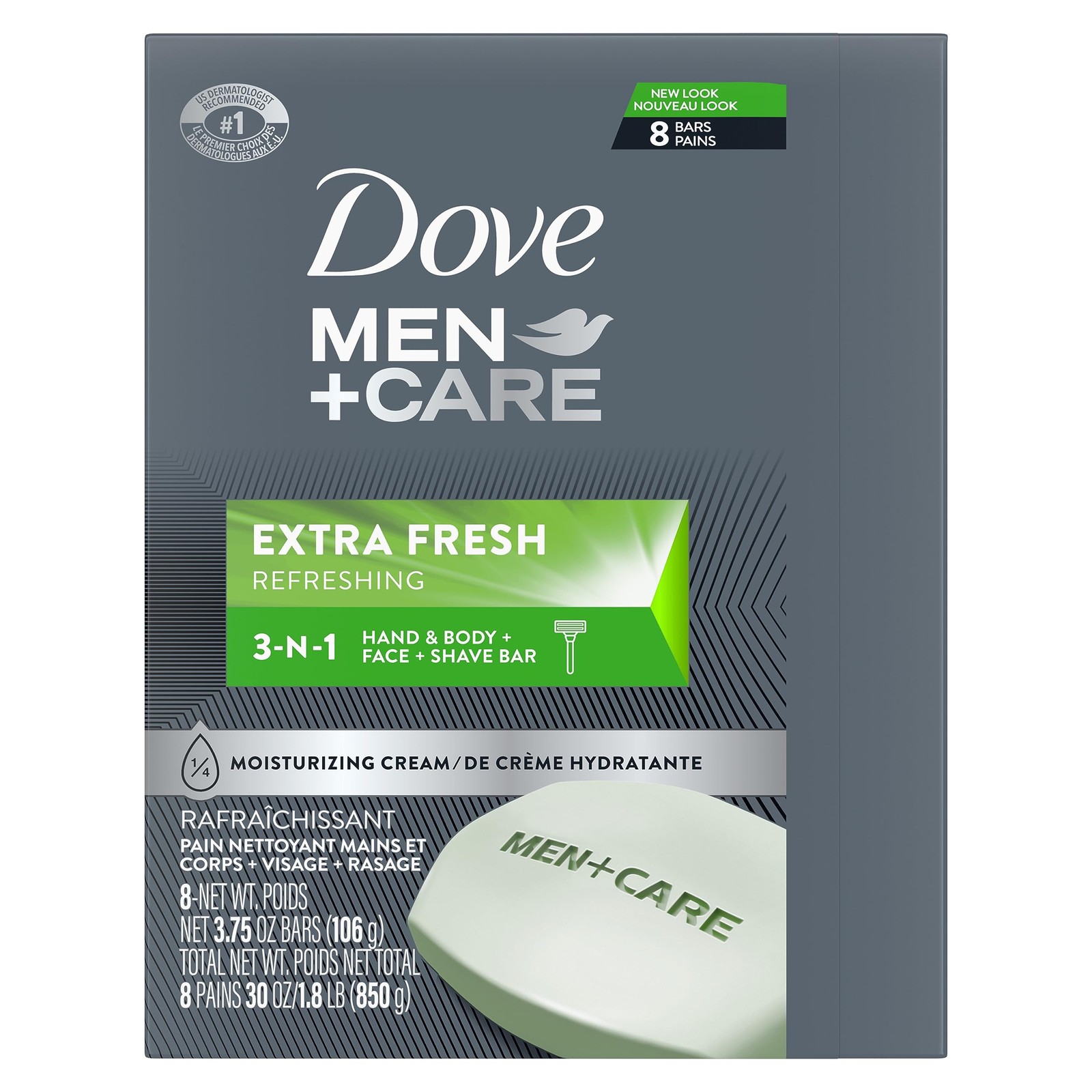 DOVE MEN + CARE 3 in 1 Bar Cleanser for Body, 3.75 Ounce (Pack of 8), GREEN