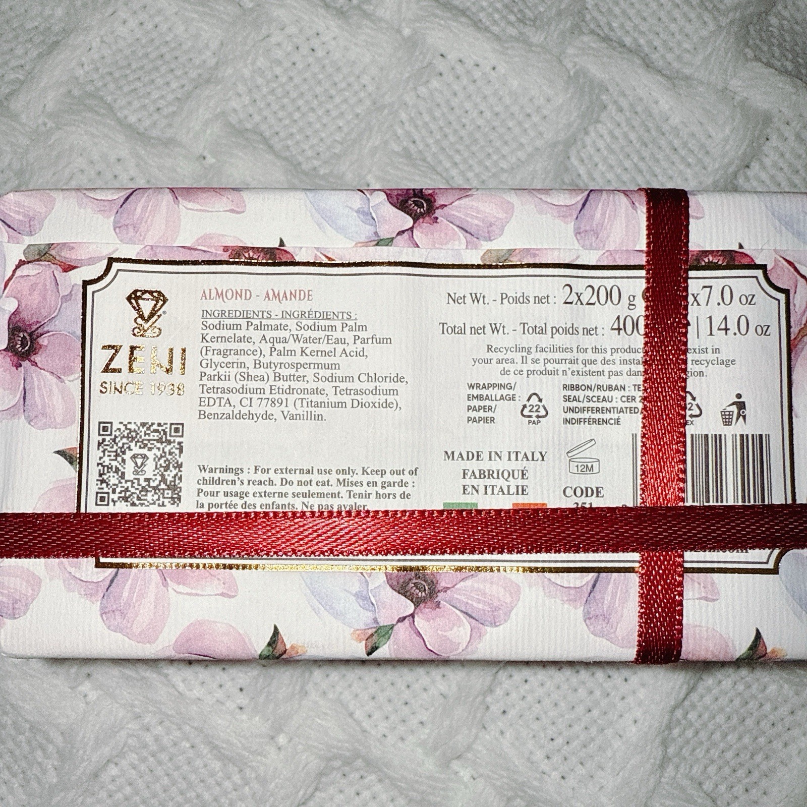 Set Gifset 2 pcs ZENI Scented Fine Triple Milled ITALIAN Soap Bar 7.0 Oz ALMOND