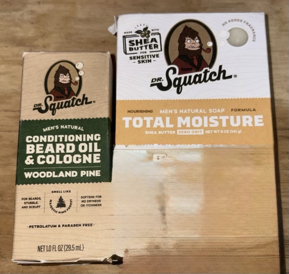 2 Pk – Dr. Squatch Men’s Natural Soap SHEA BUTTER & Beard Oil/Cologne PINE