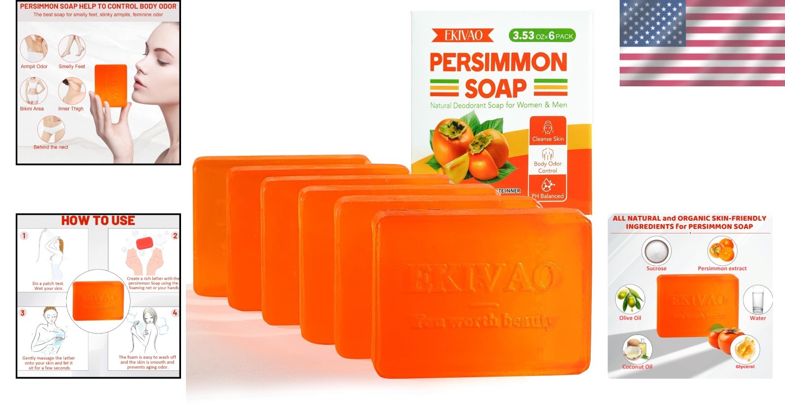 Persimmon Soap Bar 6 Pack Natural Deodorant Body Odor Control Eliminates Strong