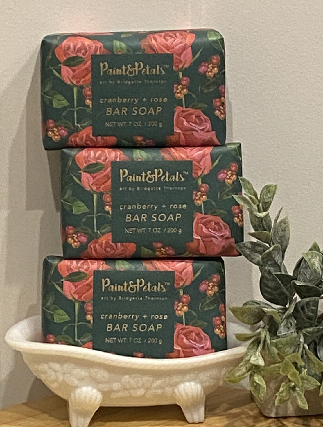 3 PACK- Paint & Petals Cranberry + Rose Scented Luxury Bar Soap w/Shea 7oz ea
