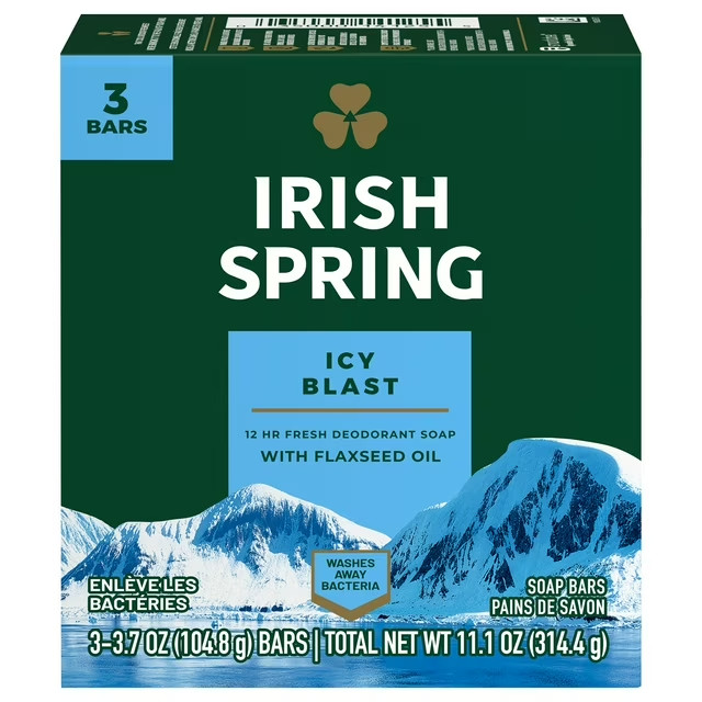 4-Pack Irish Spring Deodorant Bar Soap, Icy Blast, 3.75oz Each (12 Bars Total)
