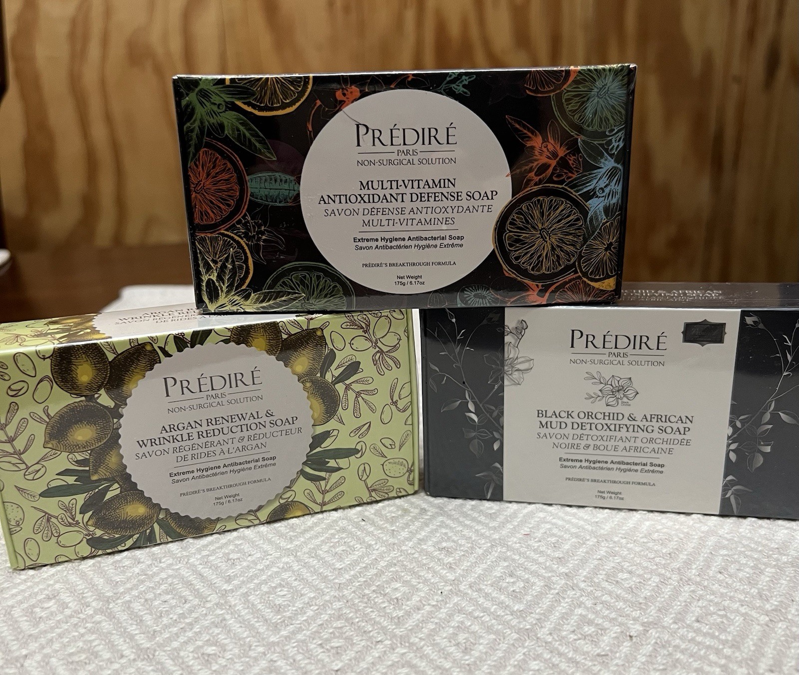 Predire Bar Soap, Black Orchid Mud Soap, Argan Renewal Soap, Multi-Vitamin Soap
