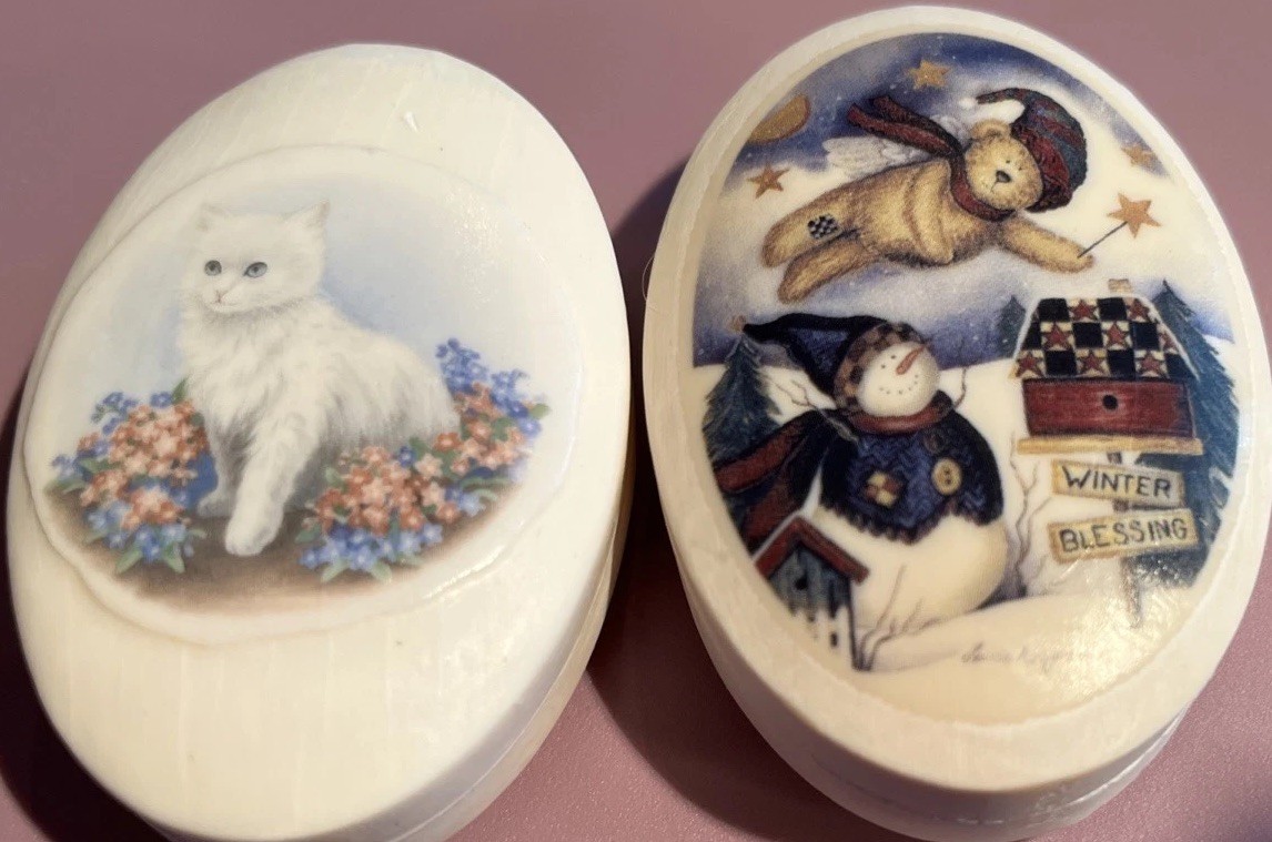 Two Vintage Soap Art Bars Featuring (1) Snowman & Angel Bear, (2) White Kitten