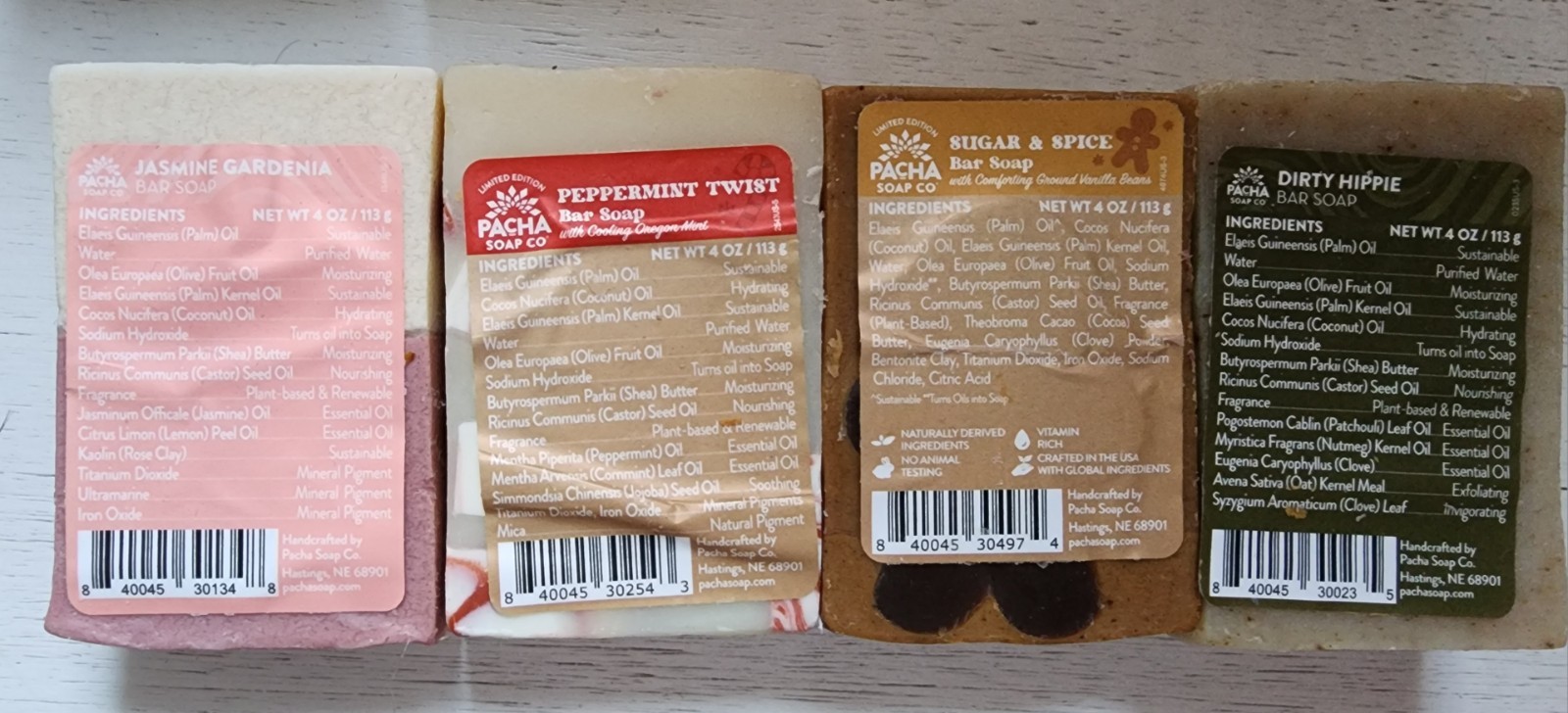 PACHA SOAP Set. Jasmine Gardenia, Peppermint,Dirty Hippie,Sugar & Spice-4oz Ea.