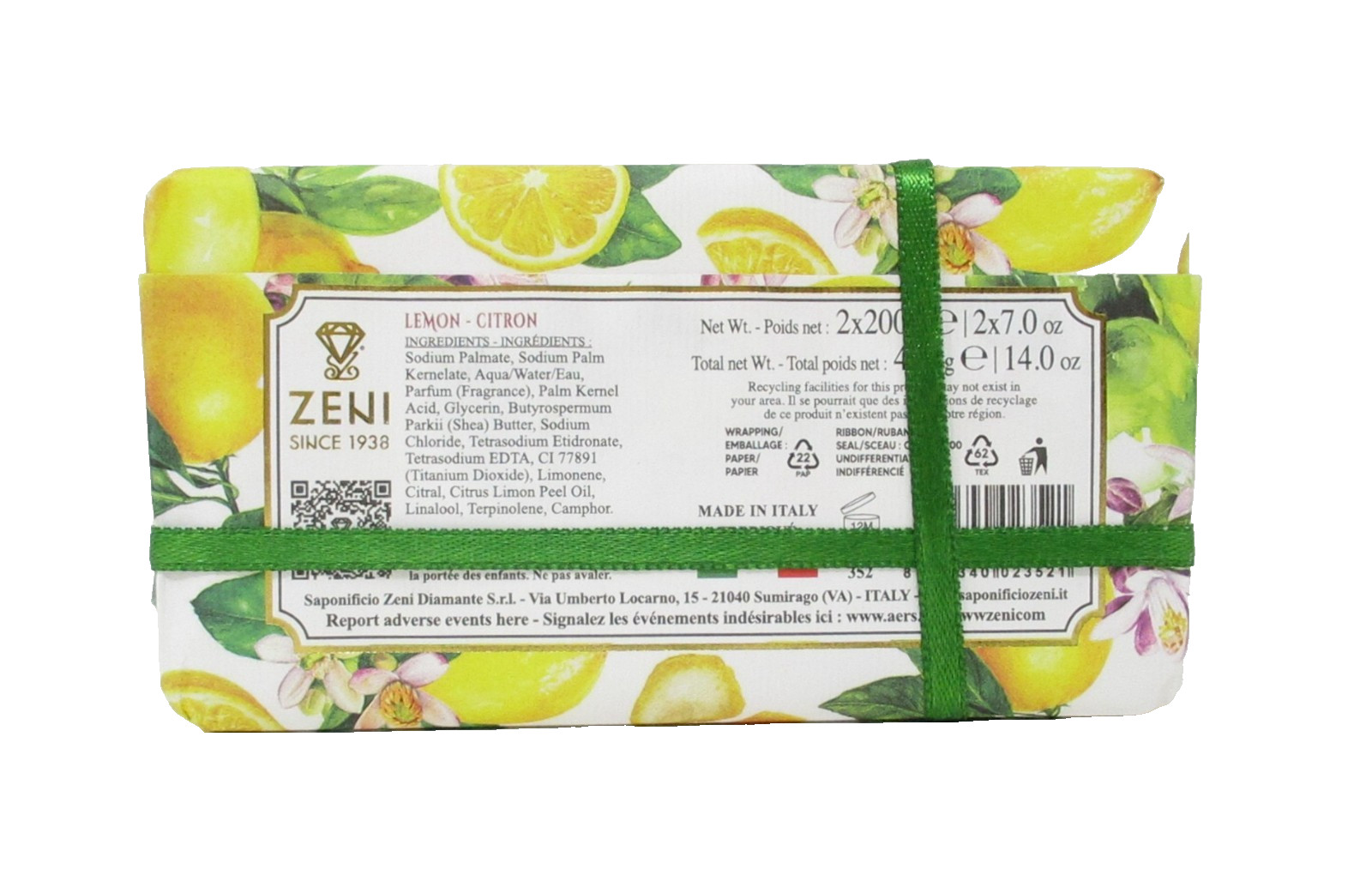 Zeni Italian Luxury Bath Bar Soap 2-Pack Lemon Citron 7oz each (14oz total)