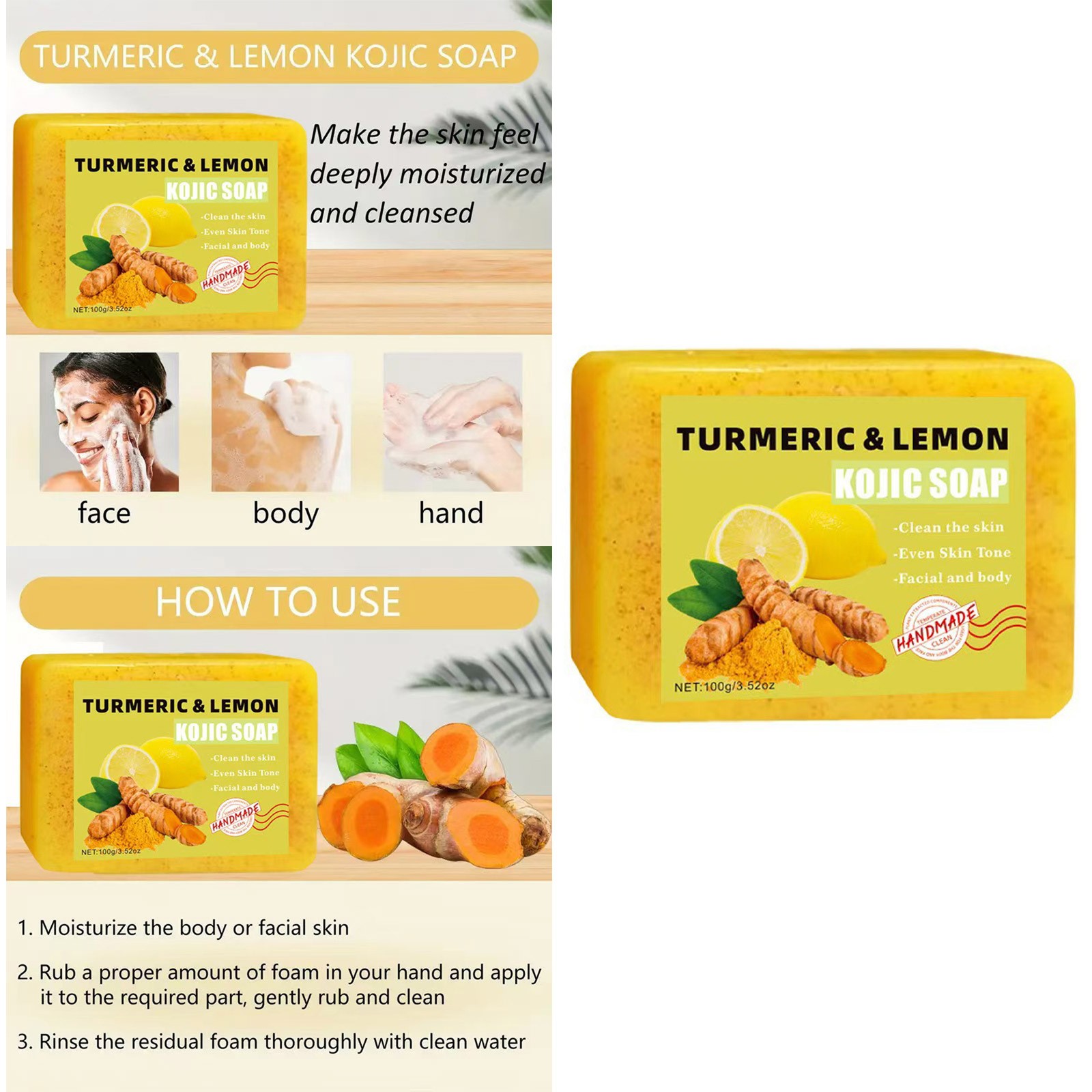 1Pcs Handmade Soap Soap Bar 100g Nourishing Turmeric Lemon Soap Hydrating