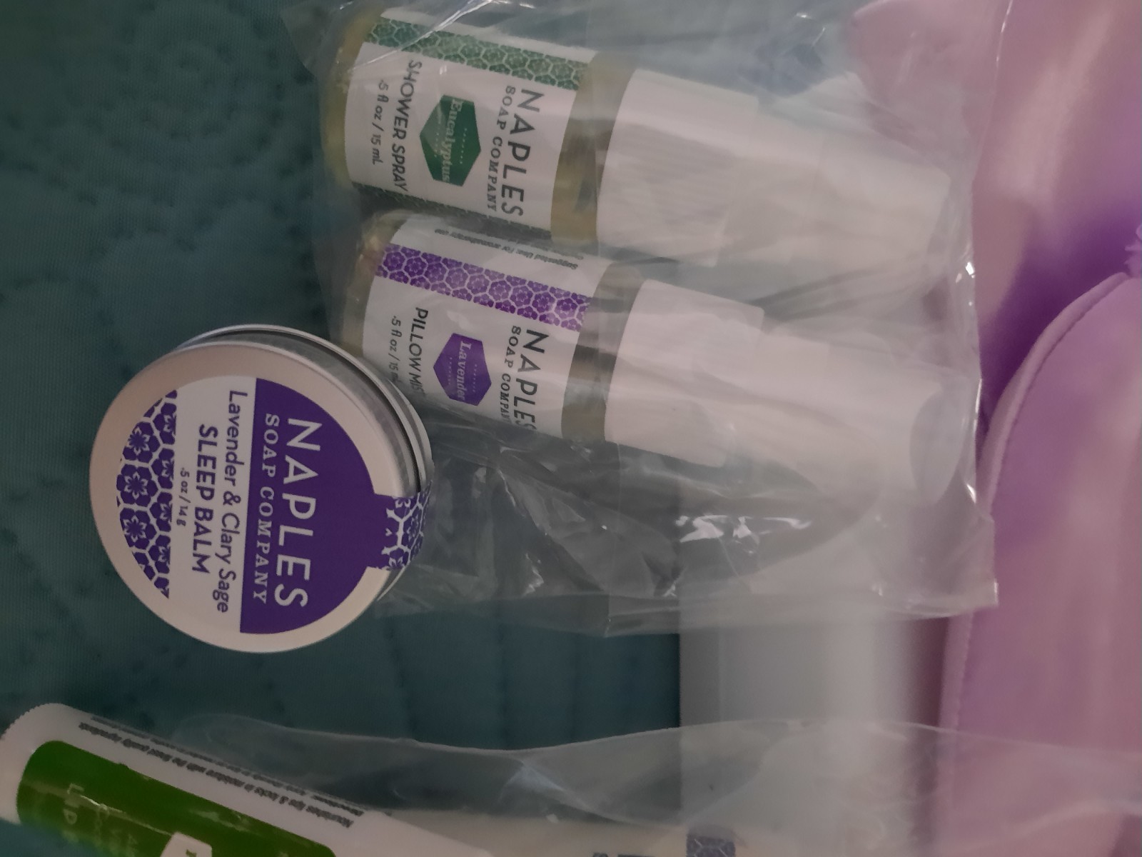 Naples Soap Company Travel Luxuries Set 6pc + Bag Body Oil Shower Spray Eye Mask