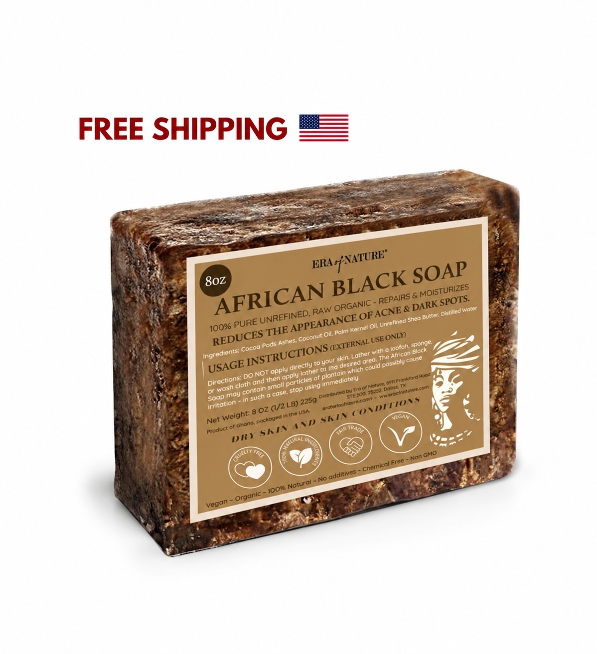 Raw Organic African Black Soap 8oz Bar Pure Natural Ghana for Dry Skin Acne Care