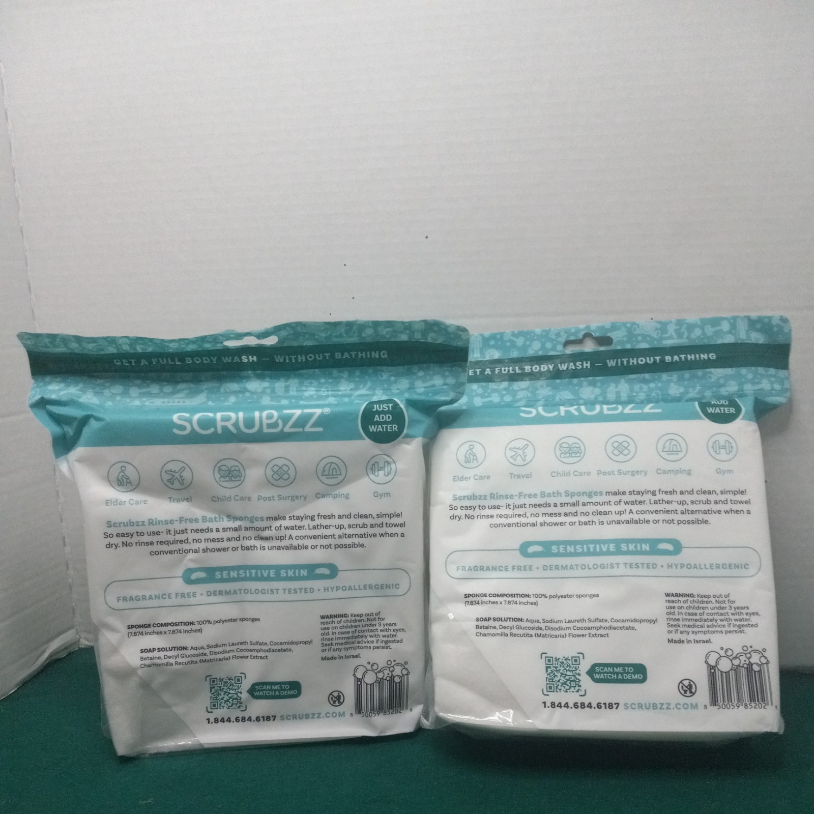 2 Scrubzz Rinse Free Bath Sponges for Senstive Skin 25ct Packs 50 total