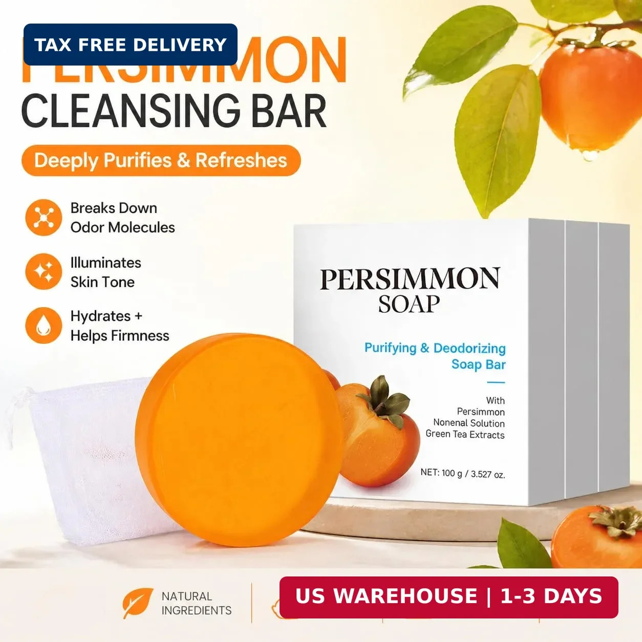 Persimmon Soap for Old People Smell, Nonenal Odor, 3 Pack, 10.5 oz | Three 3.5 o