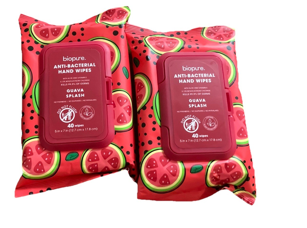 BIOPURE 2 Pack Guava Splash Anti-Bacterial Hand Wipes 80CT Travel Office Fruit