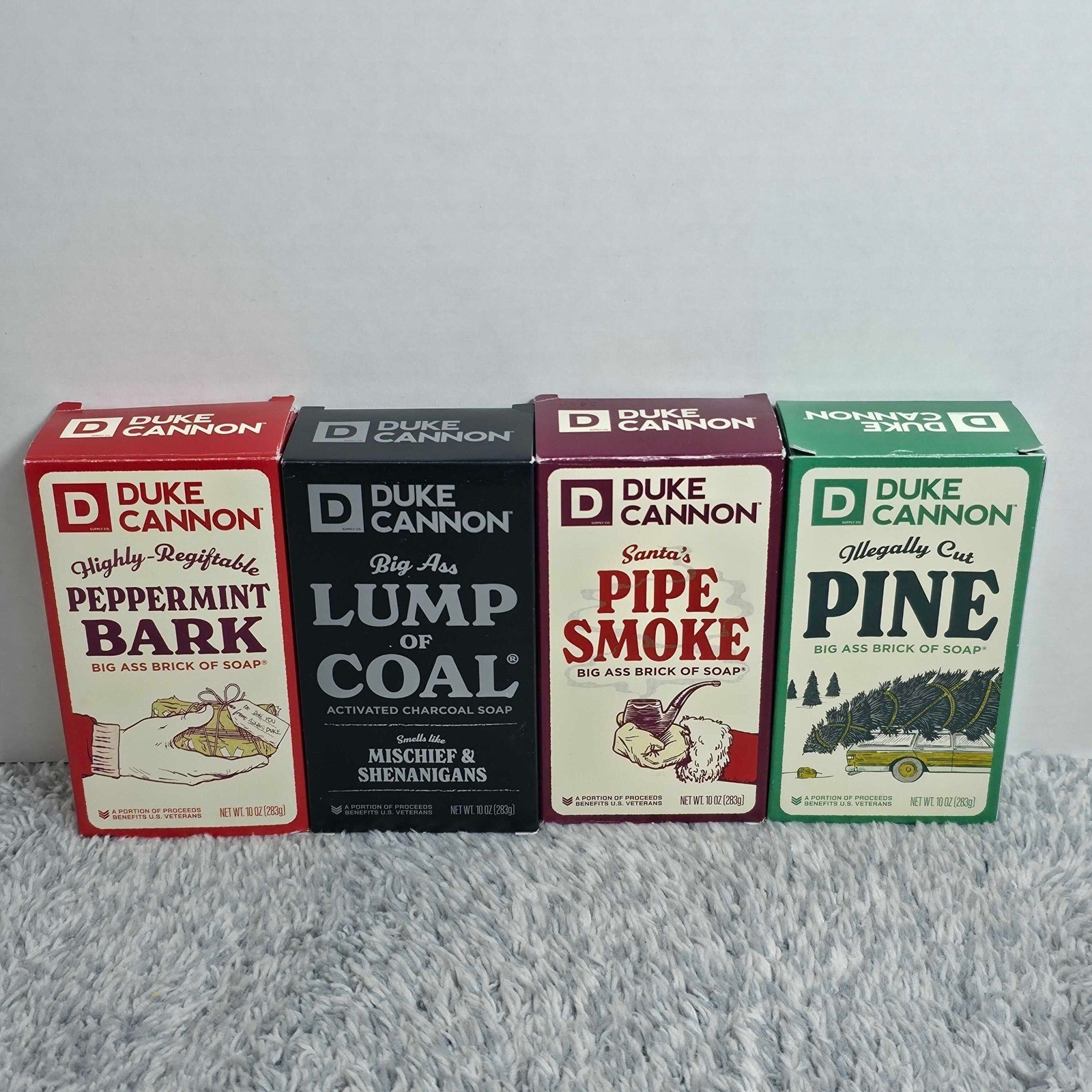 4 Boxes Duke Cannon Peppermint Bark, Lump of Coal, Pipe Smoke, Pine – 10 oz bars