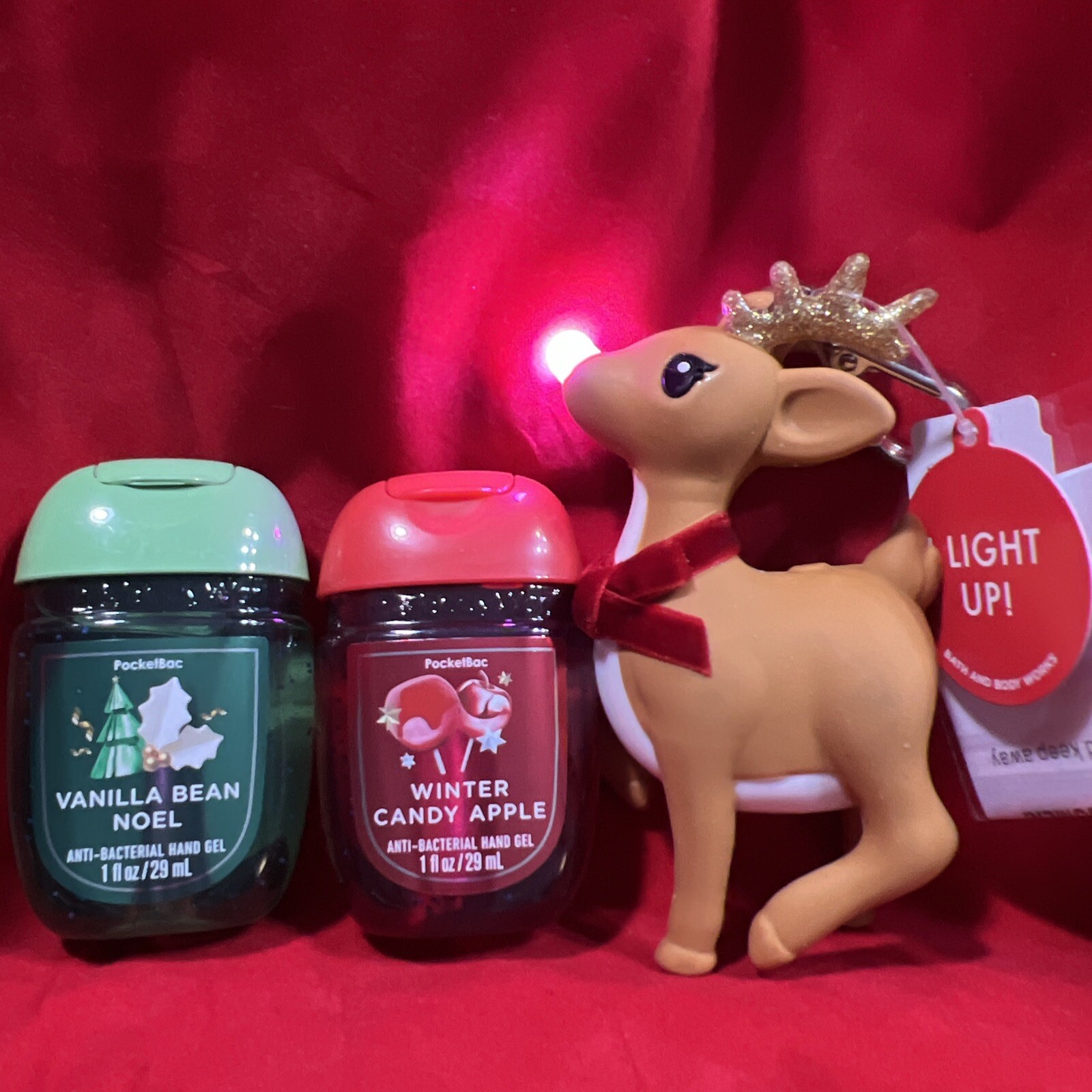 Bath Body Works Reindeer Light Up Nose Pocket *Bac Holder + 2 Hand Gel LOT