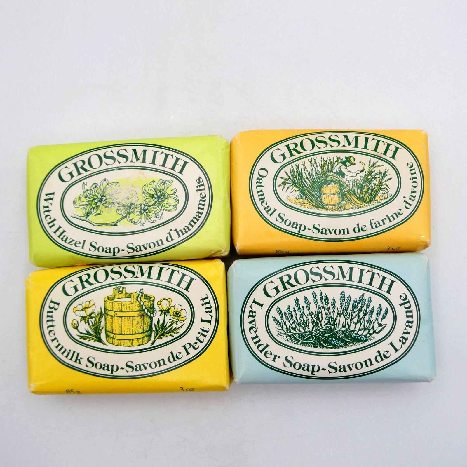 Grossmith 4 Bar Soap Assortment 85g 3oz Lavender Witch Hazel Buttermilk Oatmeal