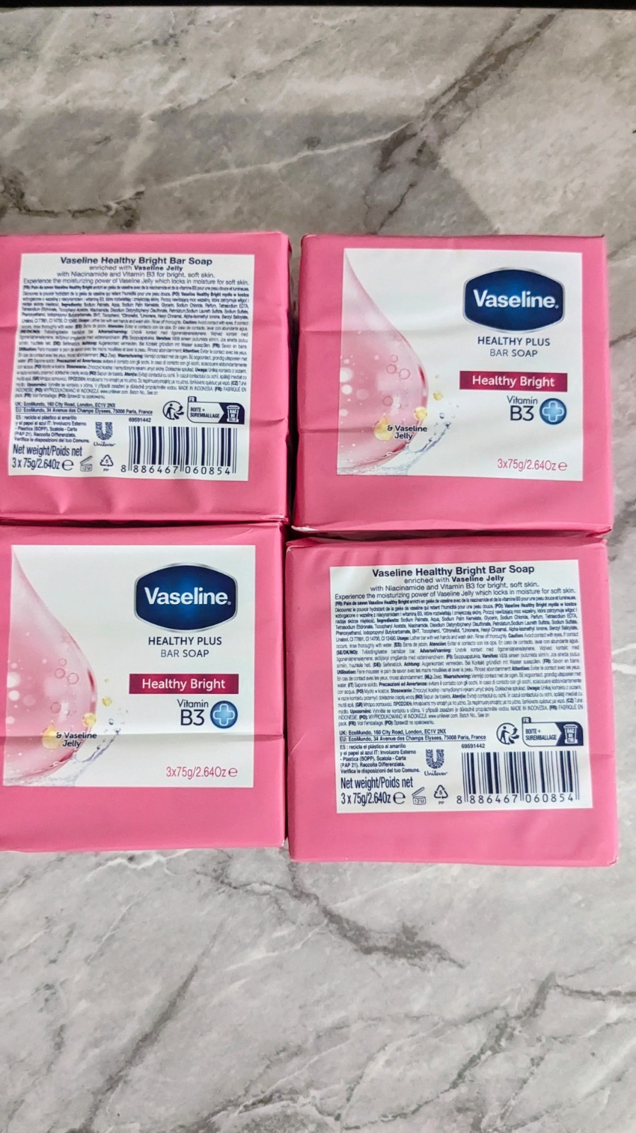 Lot of (4) 3-packs of Vaseline Healthy Plus Bar Soap Healthy Bright, Vitamin B3.