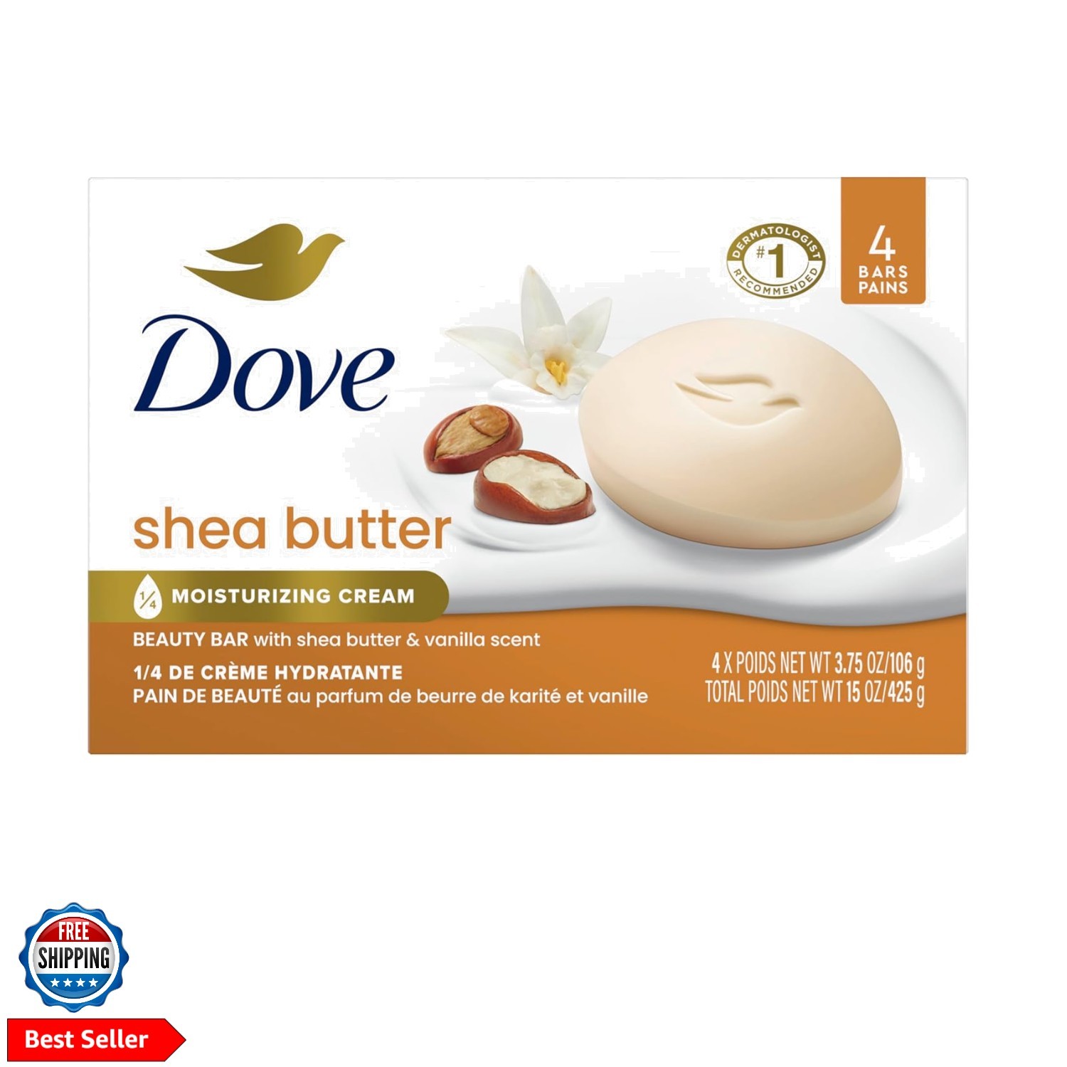 Dove Beauty Bar Soap Shea Butter 4 Count for Nourished, Radiant Skin, Enriche…
