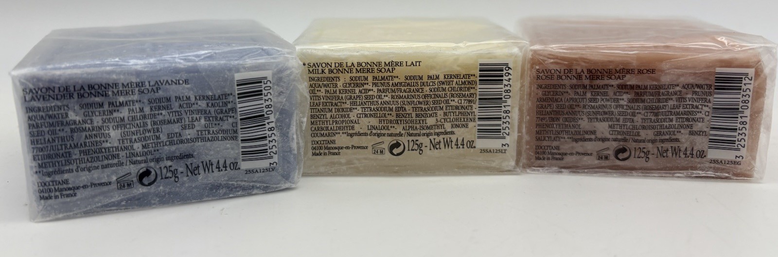 L’Occitane Savon de la Bonne Mère Soap Lot 3 Bars Lavender Milk Rose 125g Each