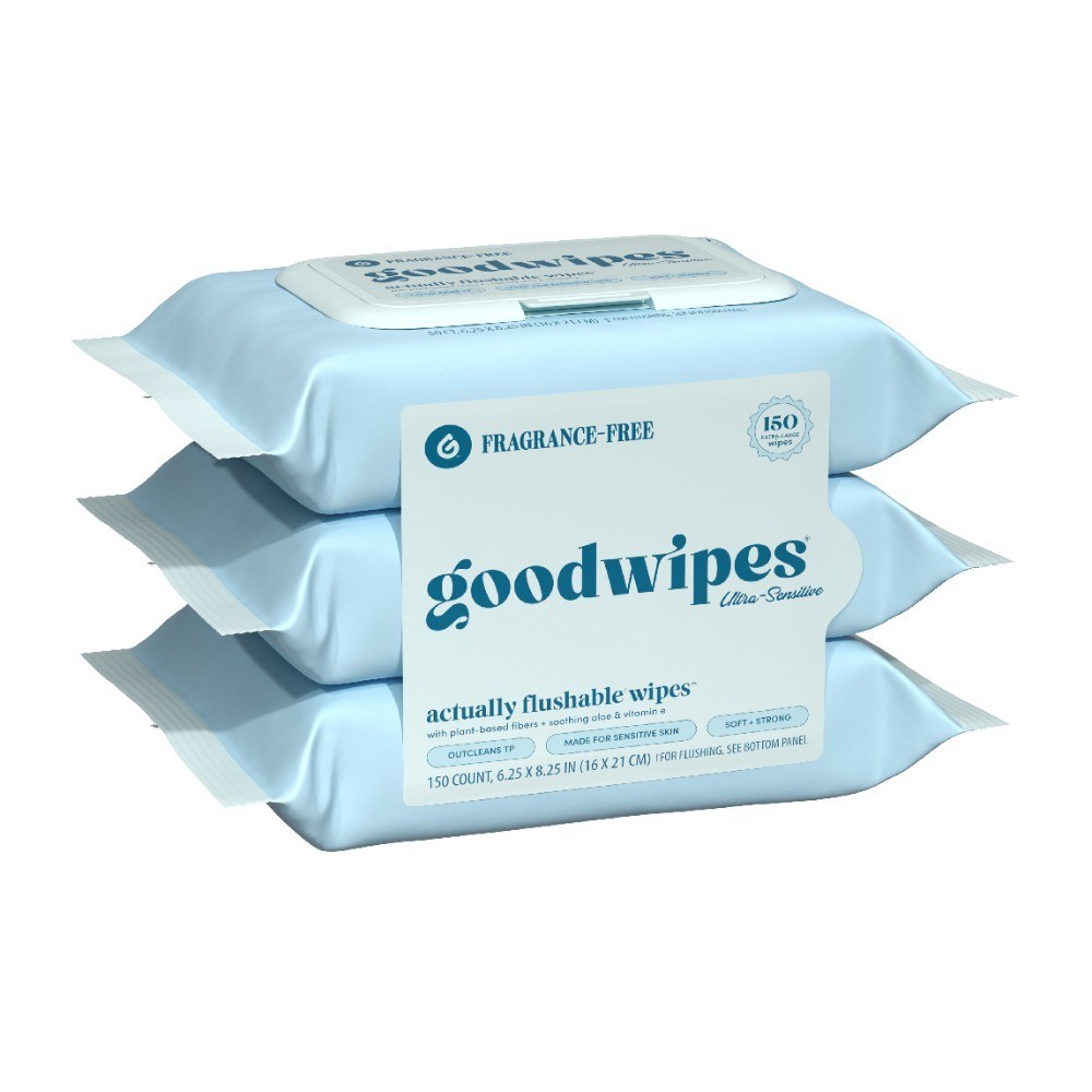 Flushable Butt Wipes, Fragrance-Free, 3 Pack, 150 Total XL Wipes