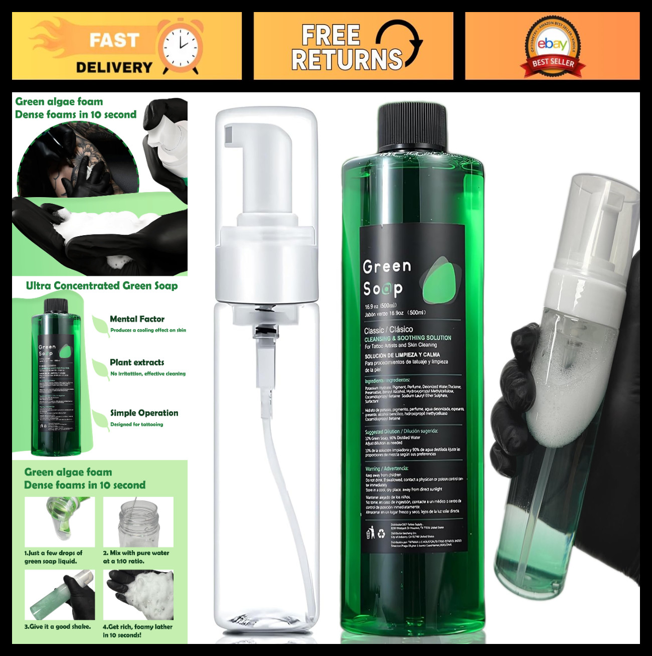 Ultra Concentrated Green Soap 16.9oz & 7oz Foam Bottle – Tattoo Supplies, Makes