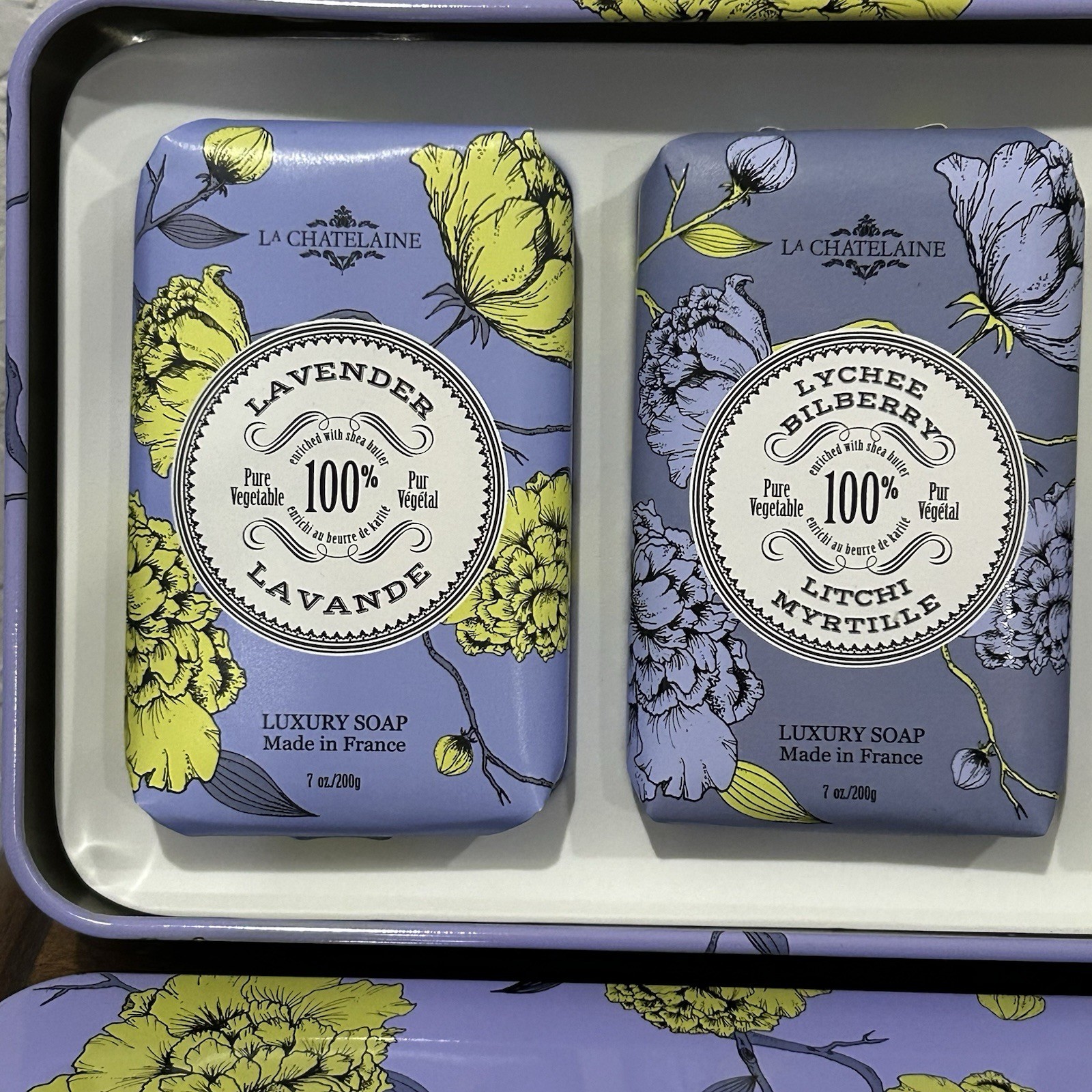 New, La Chatelaine Luxury Soap Bars (3-7oz.) Lavender, Lychee, Lemon Verbena