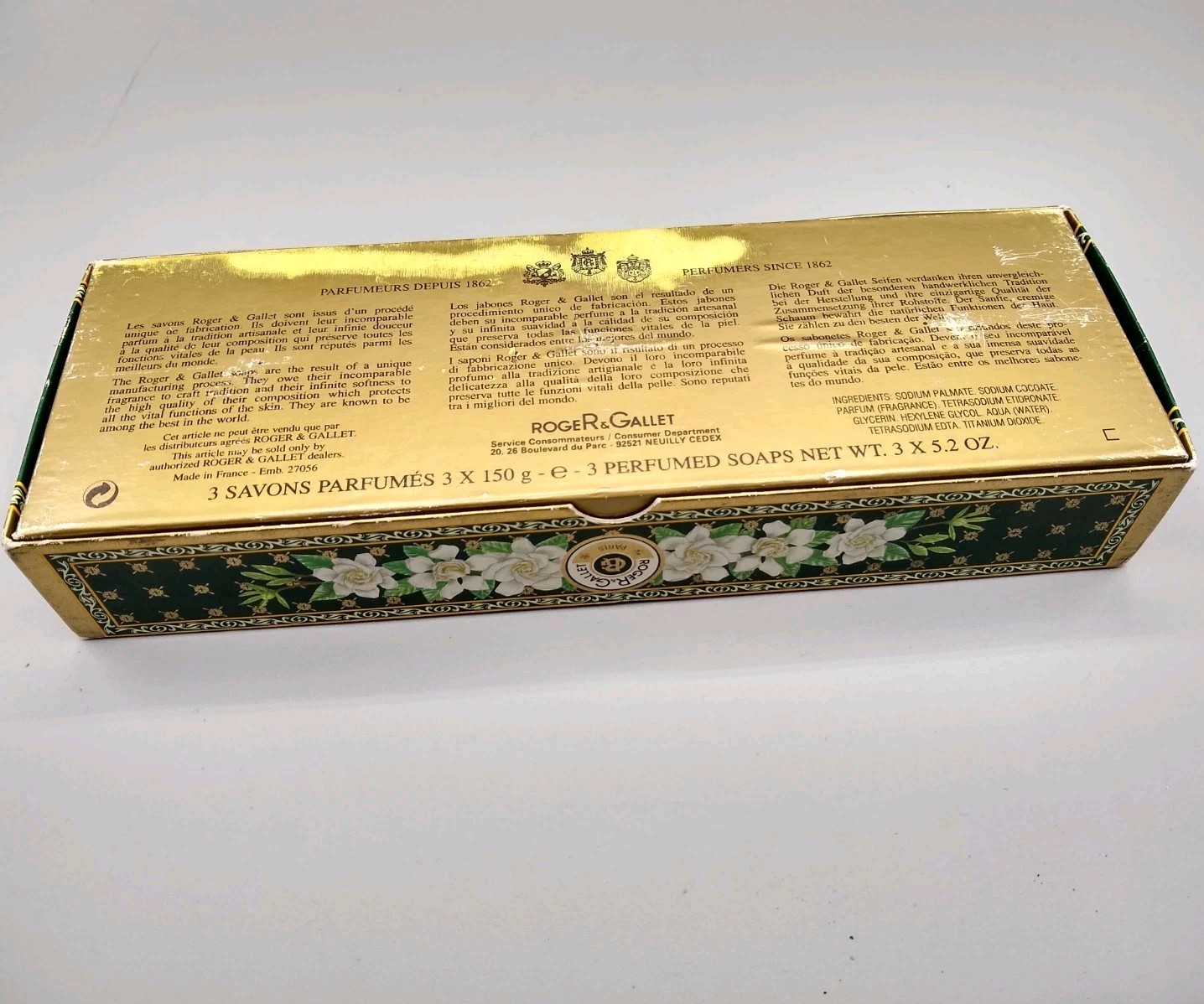 3 Roger & Gallet Perfumed Soaps, Gardenia 5.2 Oz Bars, vintage open box READ