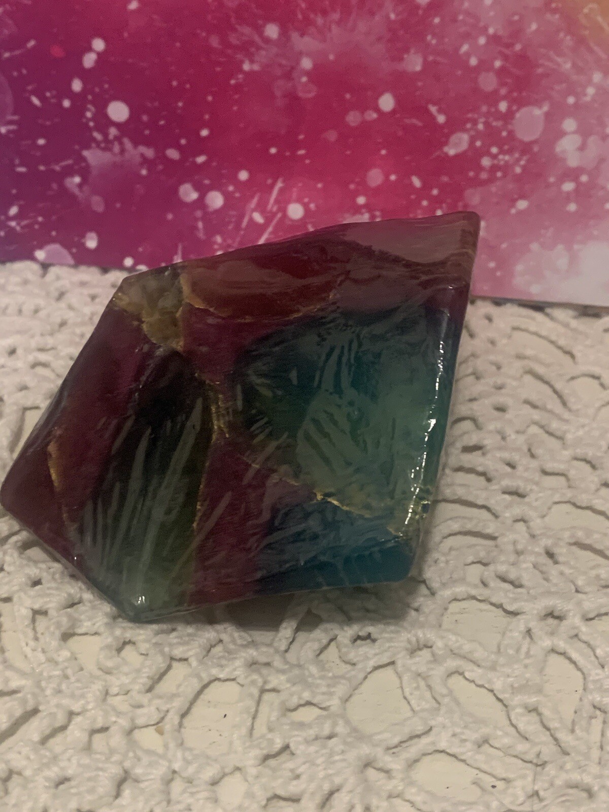 New sealed TS Pink Soap rocks-rainbow fluorite- gemstones-scented teal fuchsia
