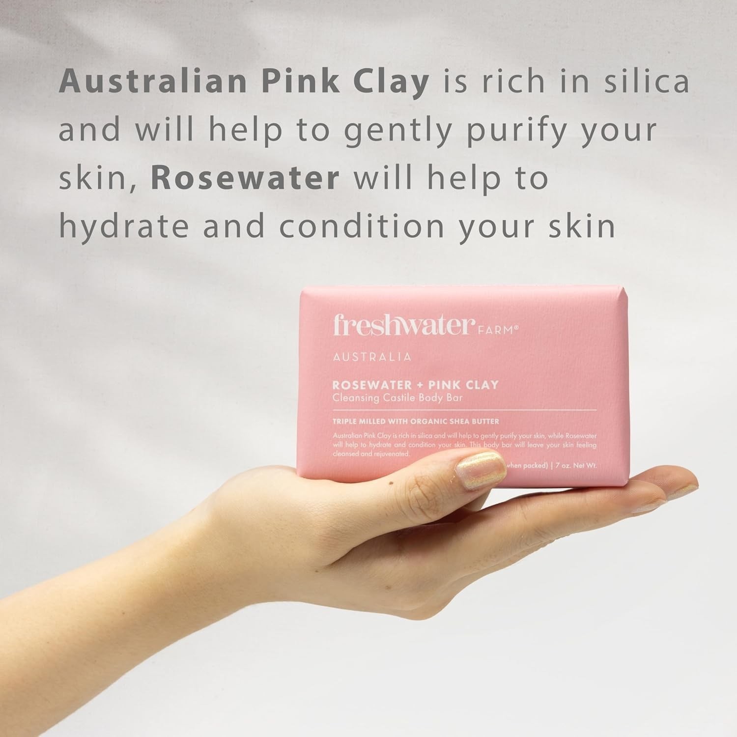3-Pack | Freshwater Farm Australia Body Soap Bars | Rosewater + Pink Clay | 7 oz