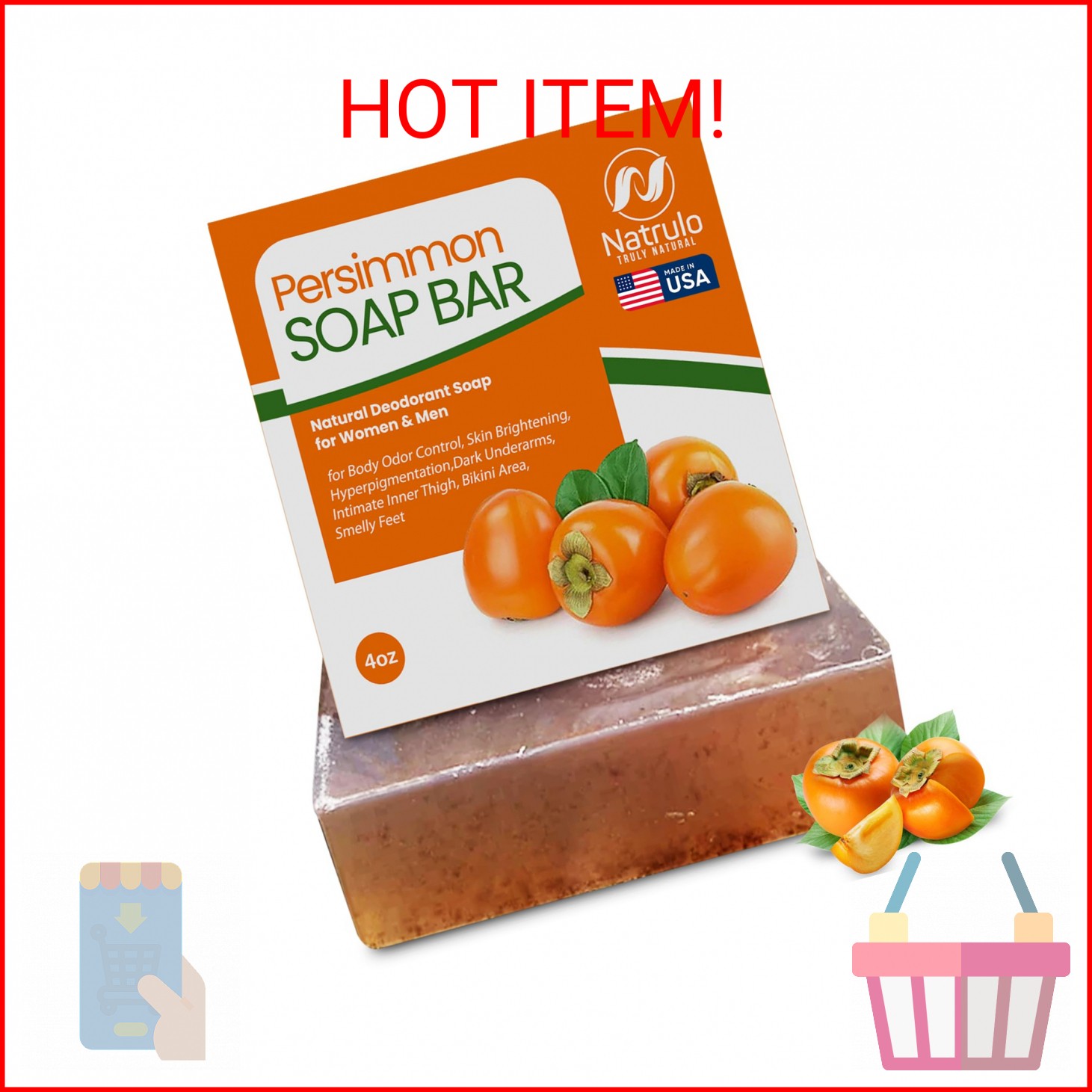 Natrulo Persimmon Soap Bar for Body Odor Control – Purifying Deodorizing Body Wa