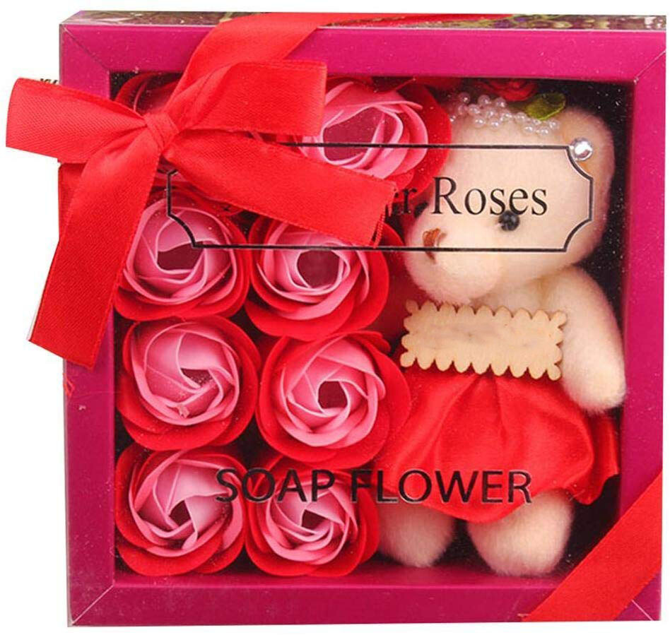 Soap flower roses with plush teddy bear red pink. Cute gifts for women