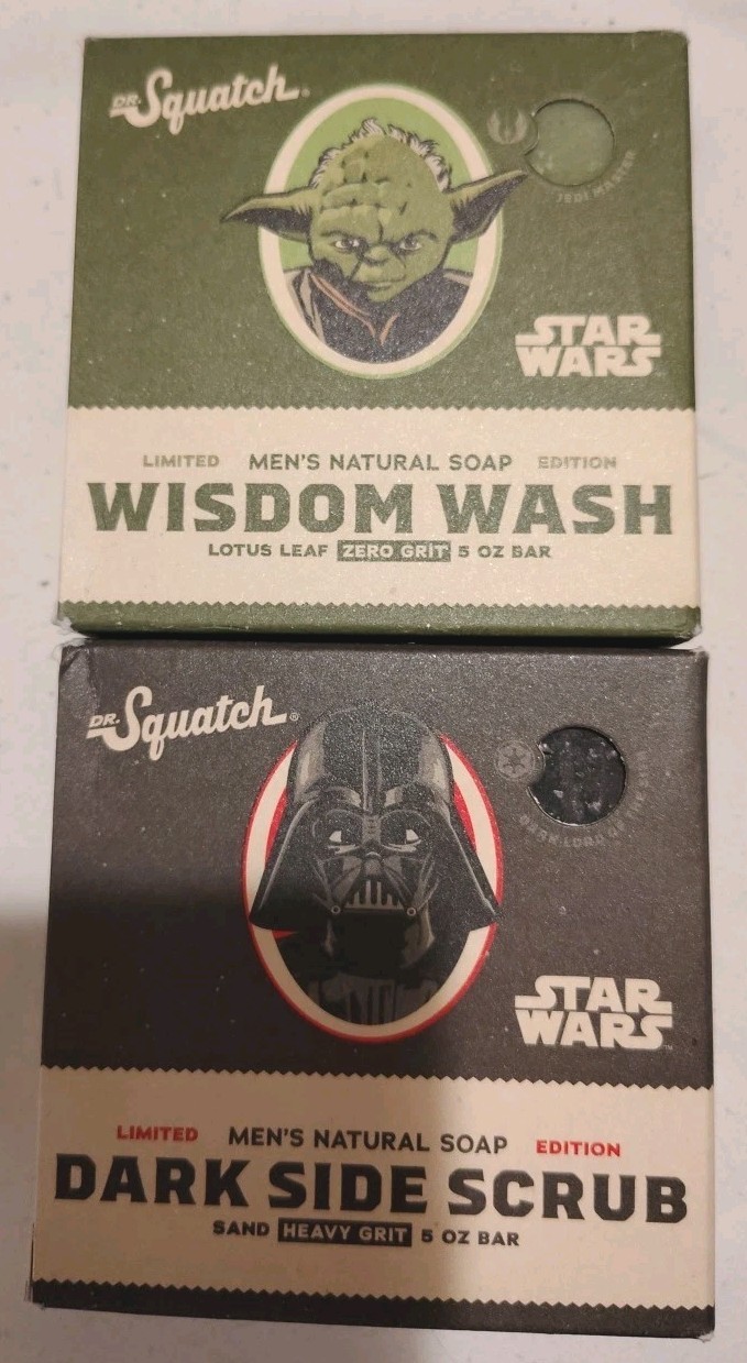 Dr SQUATCH WISDOM WASH and Dark Side SCRUB 2 Briccs. Yoda And Darth! Smells WOW